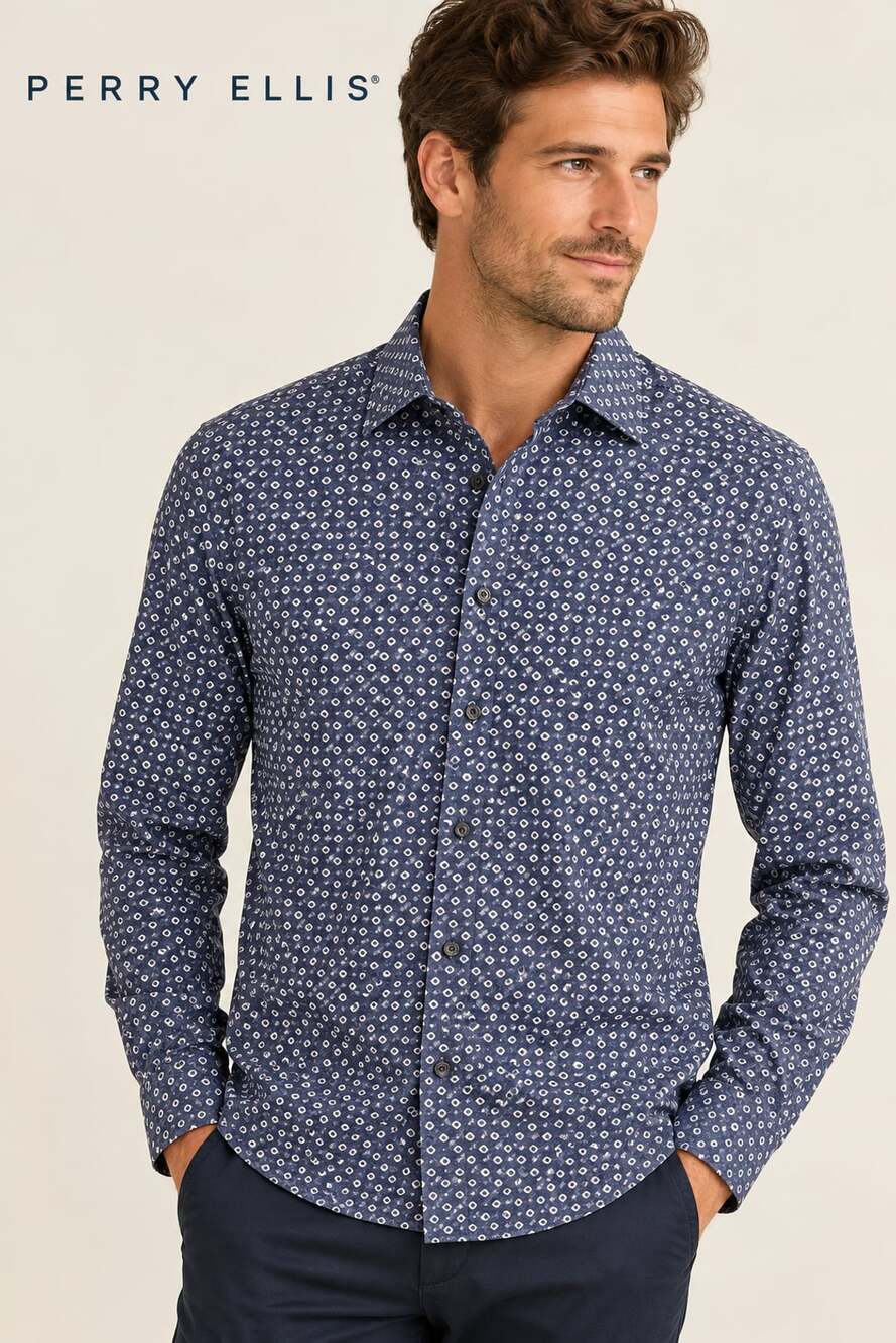 Perry Ellis Men’s Small S Blue Geometric Print Button Down Shirt Long Sleeve